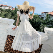 韩国夏季背心裙度假风V领白色连衣裙仙大摆中长裙度假沙滩裙