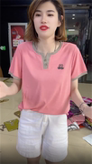 夏季时尚小天鹅镶钻V领短袖T恤女撞色设计感洋气百搭纯色薄款短袖