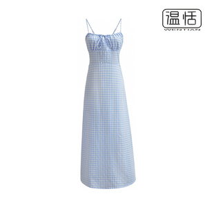 法式复古蓝色格纹胸前褶皱，系带收腰吊带裙，修身显瘦长裙子