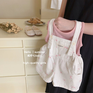 韩版童装女童夏装套装2024洋气，时髦碎花背带短裤宝宝两件套