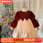 女童秋冬季连衣裙，2023高级儿童加厚加绒新年红裙子洋气公主裙