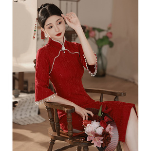 新中式旗袍敬酒服新娘，红色2024订婚礼服长袖回门连衣裙秋冬季