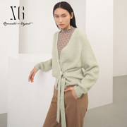雪歌法式高级感系带设计感针织衫2022冬季浅绿色V领开衫外套