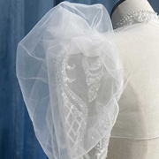 新娘婚纱礼服手工珍珠纱披肩泡泡，袖抹胸一字肩配饰婚礼重工小外套