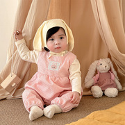 韩版春季婴儿百日可爱兔耳朵，t恤打底衫长袖，连体背带裤子两件套装