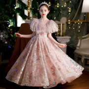 女童高端礼服裙粉色蓬蓬儿童公主裙钢琴主持人演出走秀长款晚礼服