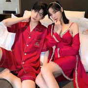 夫妻双人连体睡衣情侣睡衣女结婚夏季冰丝性感睡裙两件套红色新婚