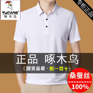 啄木鸟桑蚕丝短袖t恤男翻领纯色，冰丝中年半袖polo衫男士夏装上衣t
