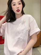 复古国风刺绣夏季短袖t恤女2024中长款设计感新中式粉色上衣