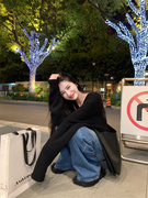 韩版宽松慵懒风黑色毛衣外套女秋季外穿小众设计感长袖针织衫上衣