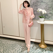 MIUCO新中式粉色印染立领盘扣流苏衬衫+高腰阔腿裤套装女装