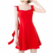 2024欧美女装红色荷叶边无袖连衣裙高腰，显瘦a字裙生日宴会裙