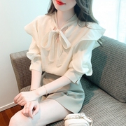 2023中式纯色白色年法式雪纺上衣女夏季别致惊艳感结衬衫