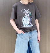 老猫家M宽松纯棉套头上衣 春夏卡通猫咪数字短袖韩版中长T恤