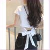 设计感露背绑带蝴蝶结白色短袖t恤女夏季韩版修身法式圆领上衣潮
