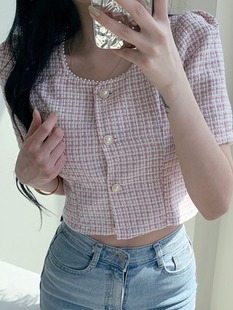 韩国chic夏季小香风粗花呢，钉珠方领单排扣短袖，小个子短款外套女