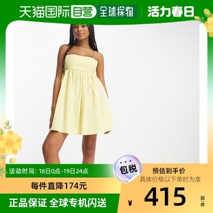 香港直邮潮奢asos女士，设计棉质打褶胸部，洋娃娃迷你柠檬黄背心裙