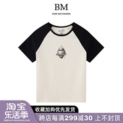 bmfashion欧美风bm插肩短袖，t恤女辣妹风，修身心脏印花纯棉上衣潮