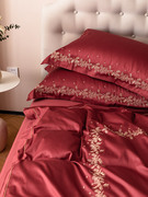 高端欧式风，浪漫婚庆100支全棉四件套大红色，刺绣结婚被套床上用品