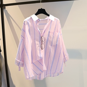 粉色条纹衬衫女夏季流行薄款防晒外套宽松休闲蝙蝠袖衬衣