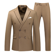 大码男士西装套装两件套双排，扣西服商务休闲卡其色，职业装外套裤子