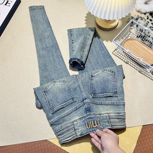 韩国做旧蓝春季牛仔裤，女2024年高腰，修身显瘦紧身弹力小脚长裤