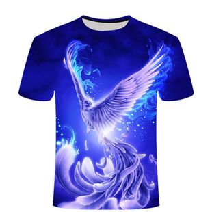 2024夏季蓝色火凤凰飞翅3D印花短袖男生休闲潮流时尚个性T恤