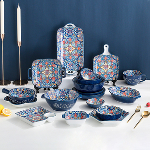 波西米亚碗盘套装创意陶瓷，餐具饭碗面碗，家用手柄碗鱼盘双耳菜盘子