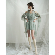 domremy森系绿色连衣裙夏季温柔气质，仙气飘逸露肩，小众设计飞燕裙