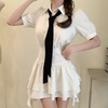 IQCQiqcq韩系高级感女白色衬衫连衣裙收腰显瘦不规则荷叶边短裙