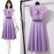 小香风套装裙夏季2024洋气轻熟风港味紫色雪纺衫半身裙两件套
