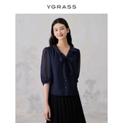 VGRASS法式蝴蝶领结艺术衬衫女夏季蓝色泡泡袖上衣VSC2O24260