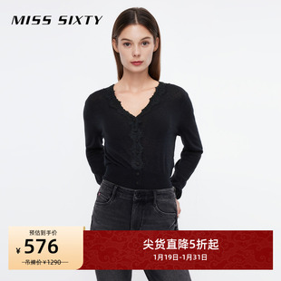 Miss Sixty2023秋季毛织外套女V领蕾丝优雅修身法式精致复古