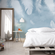 壁画蓝色羽毛清新艺术，墙纸简约墙布，手绘轻奢客厅电视背景墙壁纸