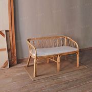 北欧双人沙发椅小户型客厅中古实木藤编沙发双人日式编织休闲椅子