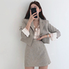 韩国chic优雅气质西装领一粒扣短外套+高腰，显瘦包臀a字型半身裙女