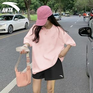 安踏运动套装女纯棉短袖粉色减龄速干短裤宽松跑步两件套
