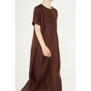 cleanflow铁锈红双宫丝绸，真丝夏季短袖超长宽松极简高级连衣裙