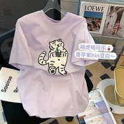 浅紫色可爱老虎套头短袖T恤女2022年春夏设计感小众宽松上衣