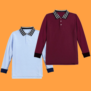 男女童小学生枣红色校服短袖，带有领子t恤衫中大童儿童长袖polo衫