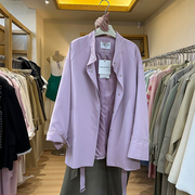 十三行女装2024中长款粉色风衣，外套春秋宽松廓形收腰系带大衣