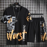 夏季韩版短袖t恤黑色休闲短裤，薄款运动大码套装，潮胖子圆领花上衣