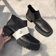 mochaatelier原创设计工装切尔西靴女真皮，粗跟短靴子两穿厚底靴