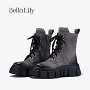 bellalily2023冬季英伦风帅气马丁靴女牛皮中筒靴，增高机车靴