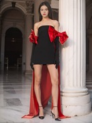 欧美性感包臀抹胸连衣裙短裙红色撞色蝴蝶结飘带装饰气质晚礼服裙