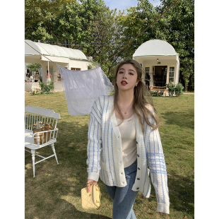 李潇洒(李潇洒)大码条纹慵懒毛衣开衫女春装，胖mm宽松显瘦内搭针织上衣