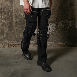 潮WOO专属4Tra 21SS原创设计黑色水洗宝石钉珠多口袋工装裤