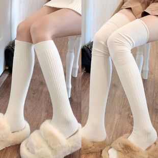 春秋辣妹米白色小腿袜女显瘦保暖白色长筒袜，灰色过膝袜堆堆中筒袜