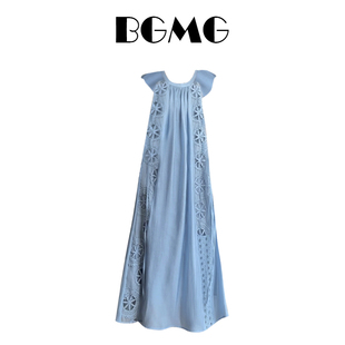 法式高级感蓝色小飞袖连衣裙女夏季镂空抽绳小众设计气质长裙