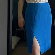 富耀姿蓝色包臀裙侧开叉一步裙高腰短裙，法式纯色复古半裙24夏季